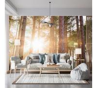 Carta da parati autoadesiva di dimensioni personalizzate, foresta serena, alberi di pino, luce solare, atmosfera nebbiosa (senza PVC), carta da parati rimovibile per soggiorno, camera da letto