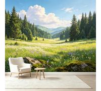 Carta da parati autoadesiva di dimensioni personalizzate, motivo "Valle della foresta tranquilla", stile pittorico, prato, montagna, staccabile, grande, decorazione da parete per soggiorno, camera da