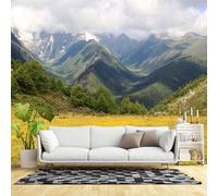 Carta da parati autoadesiva di dimensioni personalizzate, panorama della valle delle montagne, prato di fiori selvatici, picchi di neve, paesaggi paesaggistici, senza PVC, grande carta da parati
