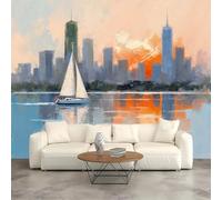 Carta da parati autoadesiva di dimensioni personalizzate, skyline della città impressionista, tramonto barca a vela blu acqua, tessuto da parete autoadesivo (senza PVC), carta da parati rimovibile per