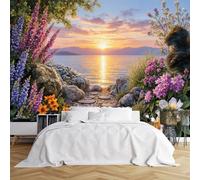 Carta da parati autoadesiva di dimensioni personalizzate, tramonto sereno sull'acqua con pietre, sentiero, fiori, verde, grandi rocce lontane montagne isolate, tessuto autoadesivo (senza PVC), carta