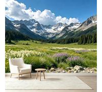 Carta da parati autoadesiva, formato personalizzato, paesaggio di montagna serena, campo, prato, pineta, valle, rimovibile, grande, decorazione da parete per soggiorno, camera da letto, ufficio