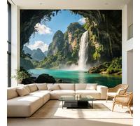 Carta da parati autoadesiva, formato personalizzato, paesaggio sereno, cascata, scogliera tropicale, vista grotta, in tessuto, rimovibile, grande, decorazione da parete per soggiorno, camera da letto