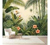 Carta da parati autoadesiva in bambù con motivo tropicale botanico, uccelli del paradiso, fiori di ibisco, in bambù, rimovibile, grande, decorazione da parete per soggiorno, camera da letto, ufficio