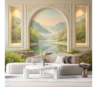 Carta da parati autoadesiva in tessuto 3D con arco neoclassico montagna lago paesaggio pittura a olio 3D Trompe L'Oeil autoadesivo da parete in tessuto rimovibile grande decorazione da parete per
