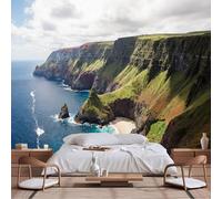 Carta da parati autoadesiva in tessuto per soggiorno di dimensioni personalizzabili, costiera robusta della scogliera europea, blu scuro, oceano atlantico, verde oceano, fogliame e mare