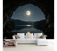 Carta da parati autoadesiva rimovibile con vista sulla grotta, lago al chiaro di luna, per camera da letto, soggiorno, sala da pranzo