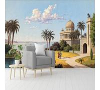 Carta da parati autoadesiva rimovibile, motivo palme costiere, edificio di coppie di navi a vela, per soggiorno, camera da letto, negozio, ufficio, bambini