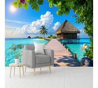 Carta da parati autoadesiva, rimovibile, motivo paradiso tropicale, con lungo molo in legno e acqua turchese, per soggiorno, camera da letto, negozio, ufficio, bambini