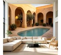 Carta da parati autoadesiva su misura per cortile mediterraneo con arco, alberi di agrumi a bordo piscina, in tessuto rimovibile, grande, decorazione da parete per soggiorno, camera da letto, ufficio