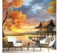 Carta Da Parati Baita Sul Fiume Grande Murale Decorazione Della Parete Soggiorno Carta Parati Paesaggio Al Tramonto Adatto Per Soggiorno, Camera Da Letto, Ufficio -Colori Misti 250X175Cm