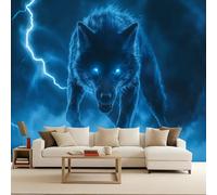 Carta da Parati Blu Fulmine Lupo 200 x 140 CM, 3D Fantasia Animali Fotomurali in TNT Murale, Opaco Poster Gigante Wallpaper per Camera da Letto Soggiorno Parete di Sfondo TV Studio Hotel