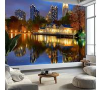 Carta da Parati Blu Moderno Città Skyline Riflesso Sul Lago, Tessuto non Tessuto (TNT) 400 x 280 cm per Pareti Soggiorno Cucina camera da letto bambini, Poster Fotografici decorazione della parete