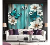 Carta Da Parati Boemia Farfalla Blu Panoramica 3D Non Tessuto - Farfalla Blu Che Riposa Su Un Fiore Bianco Fotomurale Per Soggiorno Camera Da Letto, Poster Gigante Design Moderno 300 X 210 Cm