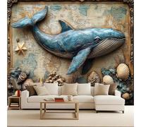 Carta da Parati Camera da Letto Balena Mappa Retrò Piastrella Fotografica 3D 450x315 cm Fotomurali Non Tessuto Opaco Murales Per Soggiorno Ufficio Camera Ragazzi Muro di Sfondo Decor da Parete