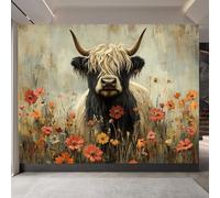 carta da parati cameretta 250x180cm Dipinto Ad Olio Di Yak Bianco E Nero Tra I Fiori carta da parati Arte murale moderna su tela pittorica, senza cuciture, perfetta per open space EB24-9481
