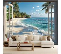 carta da parati cameretta 250x370cm Spiaggia Con Palme Da Cocco Fuori Dalla Finestra carta da parati floreale Stampa 3D su tela effetto olio senza interruzioni,per salotto o stanza degli ospiti