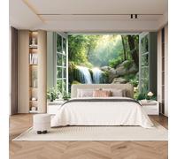 carta da parati cameretta 250x370cm Splendida Vista Della Cascata E Del Ruscello Fuori Dalla Finestra carta da parati floreale Stampa 3D su tela effetto olio senza interruzioni,per salotto o stanza