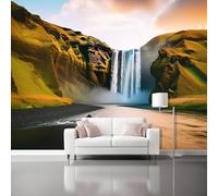 Carta Da Parati Canyon Con Cascata Verde Scogliere Scoscese Cascate 3D Fotomurale - Design Moderno In Tessuto Non Tessuto Per Soggiorno Camera Da Letto Cucina - Murale 300 X 210 Cm