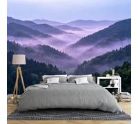 carta da parati Carta da parati murale con montagna viola e foresta 150 × 105 cm 3D panoramico in tessuto non tessuto paesaggio di valle nebbiosa grande murale con paesaggio naturale tranquillo dec