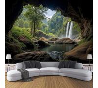 Carta da Parati Cascata Grotta Giungla 150x105cm - Fotomurali in Seta Scenario Naturale Decorazione da Muro XXL Poster Gigante Design per Per Soggiorno Tv Sfondo Muro Decorazioni, Verde Smeraldo