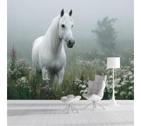 Carta da Parati Cavallo Bianco E Fiori Selvatici 150x105cm - Fotomurali in Seta Campi Nebbiosi Decorazione da Muro XXL Poster Gigante Design per Per Soggiorno Tv Sfondo Muro Decorazioni, Verde