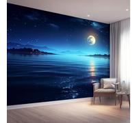 Carta da parati Cielo Notturno Illuminato Dalla Luna, 200 x 140 cm Stile Sognante Carta da parati fotografica personalizzata in tessuto non tessuto per soggiorno e cameretta dei bambini, Blu Scuro