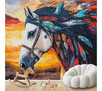 Carta da parati con cavalli, stile boho, con cavalli selvaggi, in tessuto non tessuto, ideale per soggiorno, camera da letto e cameretta dei bambini. Motivo decorativo per pareti, 350 cm x 256 cm.