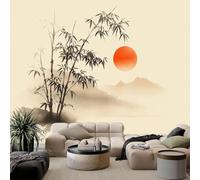 Carta da parati con motivo a immagini di montagne e foresta di bambù in stile pittura a inchiostro, effetto 3D, colore giallo, ideale per soggiorno, camera da letto e cucina, 300 cm x 210 cm.