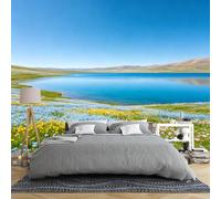 Carta Da Parati Con Paesaggio Di Prato Fiorito E Lago Per Camera Da Letto 250 × 175 Cm Grande Murale Panoramico 3D Di Montagna Lago E Natura In Tessuto Non Tessuto Decorazione Per La Casa Per Soggi