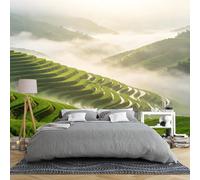 Carta Da Parati Con Paesaggio Di Risaie Verdi Montagne E Nebbia Per Camera Da Letto 150 × 105 Cm Grande Murale Panoramico 3D In Tessuto Non Tessuto Per La Decorazione Della Casa Per Soggiorno Sfond