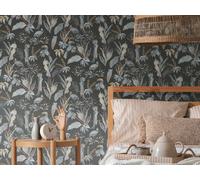Carta Da Parati Con Piante Tropicali E Uccelli - Nero, Grigio, Beige