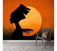 Carta da parati con silhouette di donne africane al tramonto, 300 x 210 cm (larghezza x altezza), carta da parati tradizionale tribale, stampa fotografica in tessuto non tessuto, per camera da letto