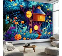 Carta da parati da parete con immagine di una casa sull'albero, 350 x 256 cm (larghezza x altezza), colore verde, decorazione dal design moderno, poster per soggiorno, camera da letto dei bambini