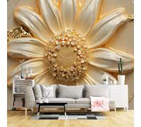 Carta da parati da parete di dimensioni personalizzate, fiore di margherita dorata 3D testurizzato arte floreale elegante design con petali di lusso, tessuto autoadesivo da parete (senza PVC), carta
