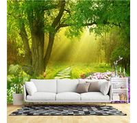 Carta da parati da parete di dimensioni personalizzate, sentiero nella foresta illuminata dal sole, fiori colorati con albero nobile, tessuto autoadesivo (senza PVC) rimovibile, grande carta da parati