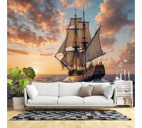 Carta da parati da parete di dimensioni personalizzate, stile antico veliero oceano tramonto panoramico viaggio nautico paesaggio marino, tessuto autoadesivo da parete (senza PVC), grande carta da