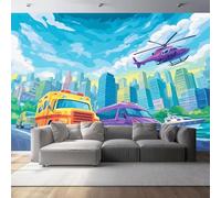 Carta da parati da parete Modello Di Costruzione Di Auto E Città, Stile Cartone Animato Decorazione per la casa - Decorazione da parete per camera da letto dei bambini 250 x 175 cm, Colorato