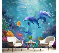 Carta Da Parati Delfino Pesce Tropicale - Carta A Contatto Mondo Sottomarino Tessuto Di Seta Murale Decorazione da Muro XXL per Camera Da Letto Soggiorno Sala Da Pranzo 150x105cm, Blu