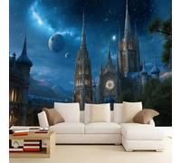 Carta da parati Delicato Luna Chiesa Fotomurali non tessuti, Blu Scuro Decorazione da Muro, 400 x 280 cm Gotico Poster Gigante Design Carta per la casa in bagno