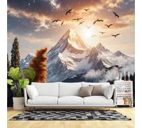Carta da parati di dimensioni personalizzate, alba dorata, montagna, paesaggio, uccelli volanti, foresta nebbiosa, scena della natura, tessuto autoadesivo (senza PVC), grande carta da parati