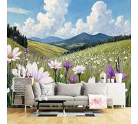 Carta da parati di dimensioni personalizzate, campo di margherite e lavanda sotto le colline ondulate e il cielo nuvoloso, tessuto autoadesivo da parete (senza PVC), grande carta da parati rimovibile