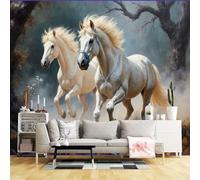 Carta da parati di dimensioni personalizzate, cavalli bianchi che corrono nella foresta con nebbia autunnale, tessuto autoadesivo (senza PVC), grande carta da parati rimovibile per soggiorno, camera