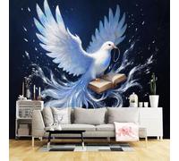 Carta da parati di dimensioni personalizzate, colomba bianca con ali blu che volano sopra il libro aperto Fantasy Night Sky, tessuto autoadesivo da parete (senza PVC) grande carta da parati rimovibile