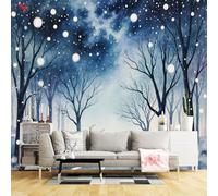 Carta da parati di dimensioni personalizzate, foresta invernale, nevicata notturna, cielo blu, alberi, paesaggio paesaggistico, tessuto autoadesivo (senza PVC), grande carta da parati rimovibile per