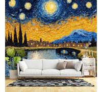 Carta da parati di dimensioni personalizzate, impressionista cielo notturno villaggio fiume barca scena cipressi stelle scintillanti, tessuto autoadesivo da parete (senza PVC), grande carta da parati