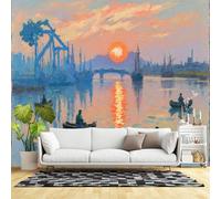 Carta da parati di dimensioni personalizzate, impressionista fiume alba, barche, paesaggio urbano, gru, cielo riflesso, tessuto autoadesivo (senza PVC) rimovibile grande carta da parati per soggiorno