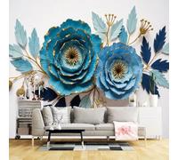 Carta da parati di dimensioni personalizzate, motivo floreale blu e oro, design botanico, elegante motivo floreale, tessuto autoadesivo da parete (senza PVC), grande carta da parati rimovibile per