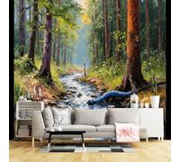 Carta da parati di dimensioni personalizzate, paesaggio con foresta illuminata dal sole, paesaggio paesaggio paesaggio fiume bosco, arte panoramica, tessuto autoadesivo (senza PVC) grande carta da