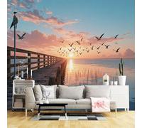 Carta da parati di dimensioni personalizzate, tramonto mare molo uccelli che volano paesaggio costiero tranquillo orizzonte oceanico, tessuto autoadesivo da parete (senza PVC) carta da parati